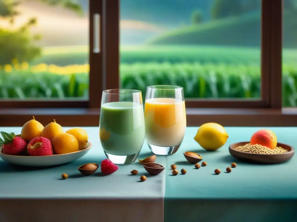 Desayuno saludable con bebidas de avena sin gluten Un desayuno saludable con bebidas de avena sin gluten en un ambiente acogedor y sereno