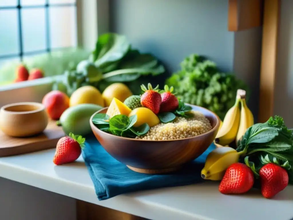 Un desayuno saludable en una cocina acogedora con una mesa de madera llena de frutas frescas, verduras y granos sin gluten