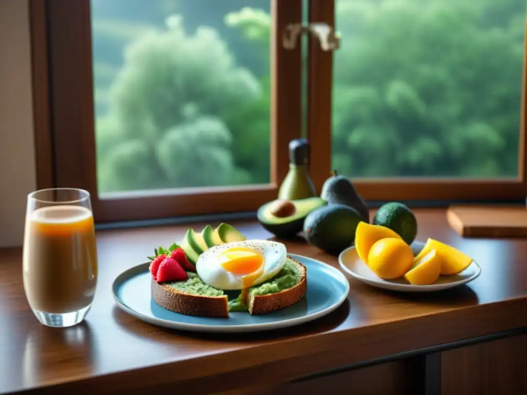 Desayuno sin gluten saludable en cocina acogedora con mesa de madera y variedad de alimentos, iluminada por la luz del sol