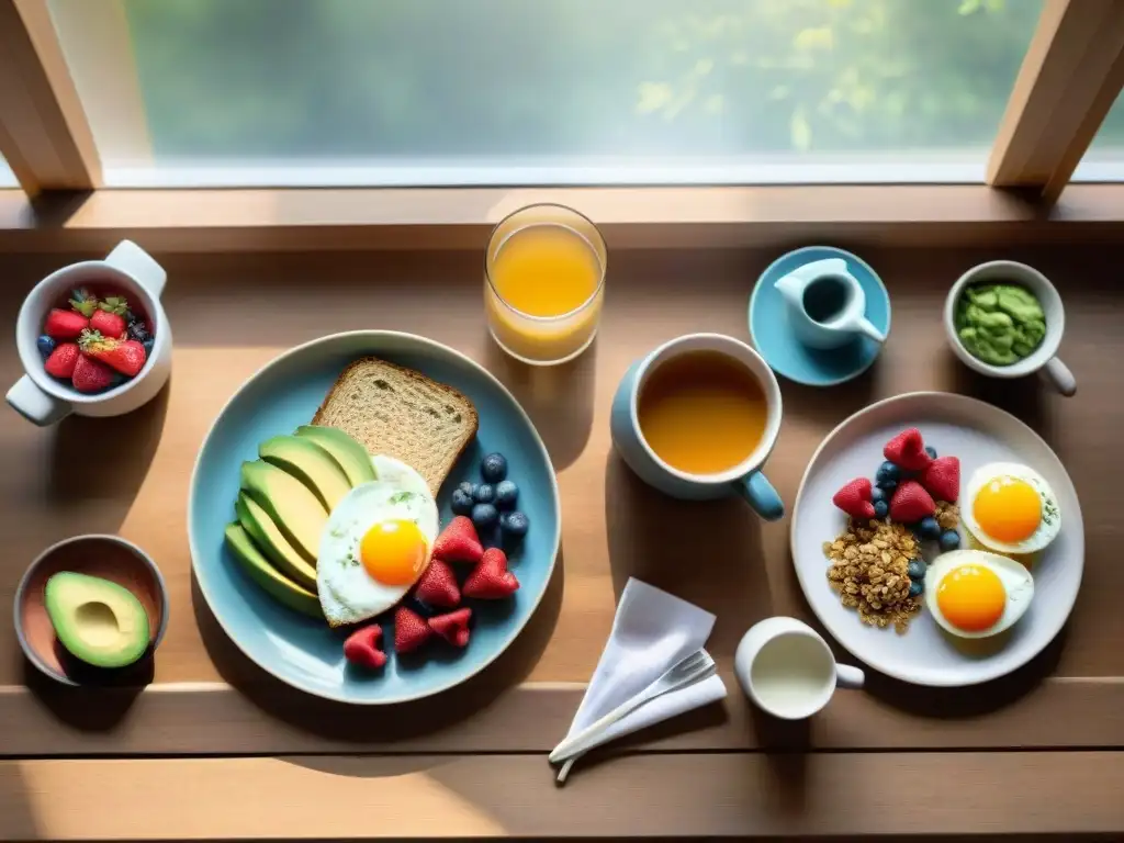 Un desayuno saludable y colorido en una mesa de madera con alimentos sin gluten y bajos en FODMAP, iluminado por la luz del sol