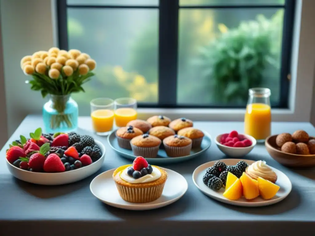 Un desayuno sin gluten saludable y delicioso con frutas, muffins, café y pudin de chía casero, en una mesa soleada y acogedora