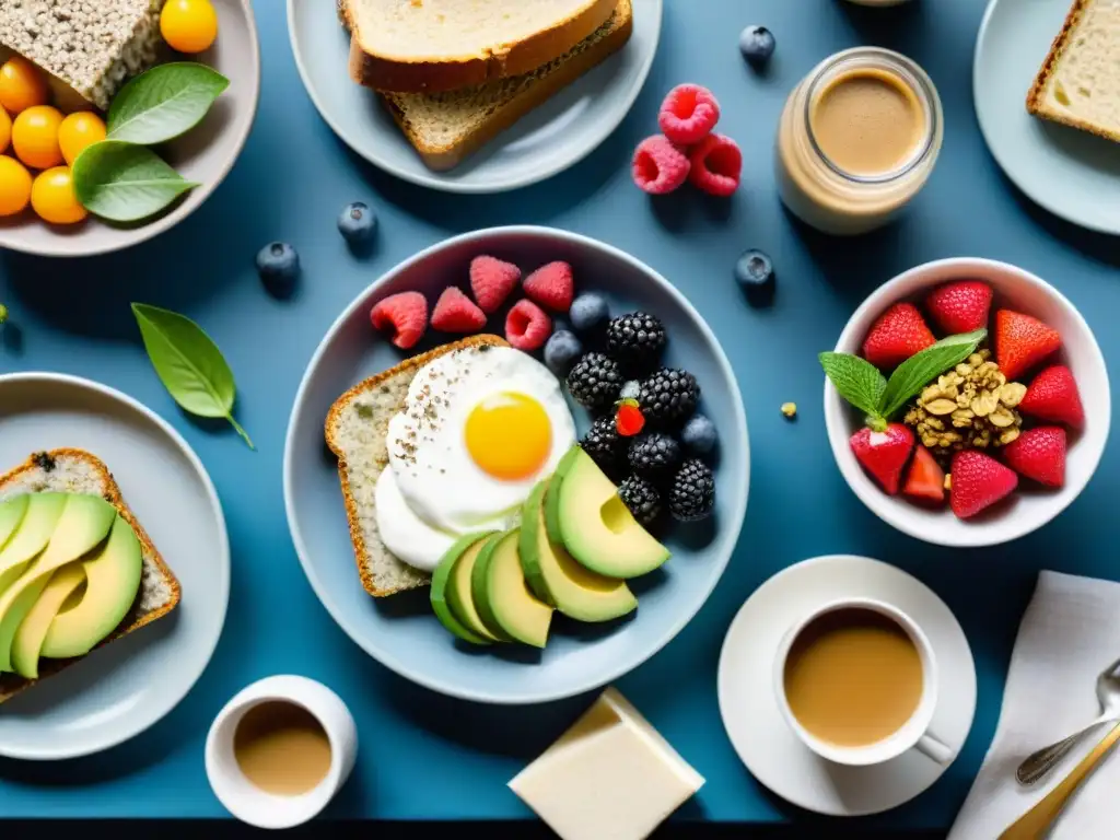 Un desayuno sin gluten saludable con chía, aguacate, yogur, granola y frutas frescas en una mesa elegante