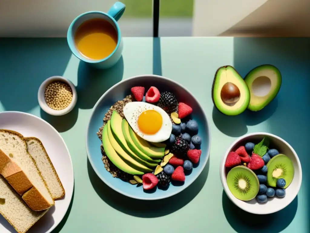 Un desayuno sin gluten saludable en una mesa soleada y acogedora, con chía, aguacate, smoothie y té