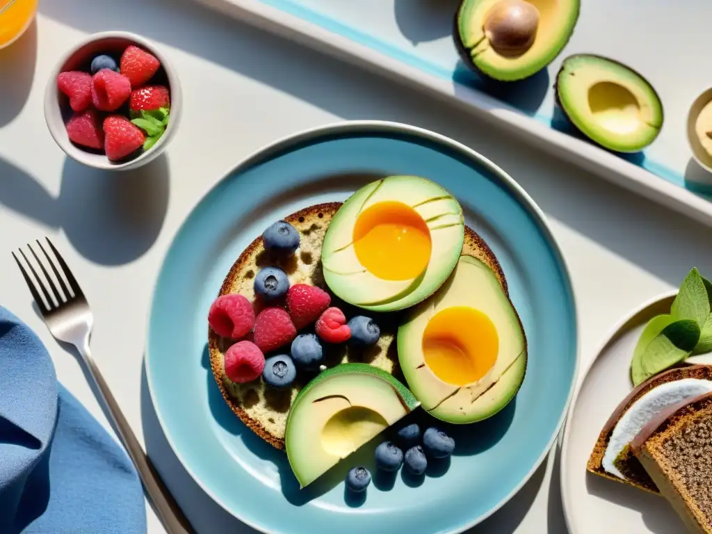 Un desayuno sin gluten saludable y exquisitamente presentado en una mesa bañada por la luz del sol de la mañana