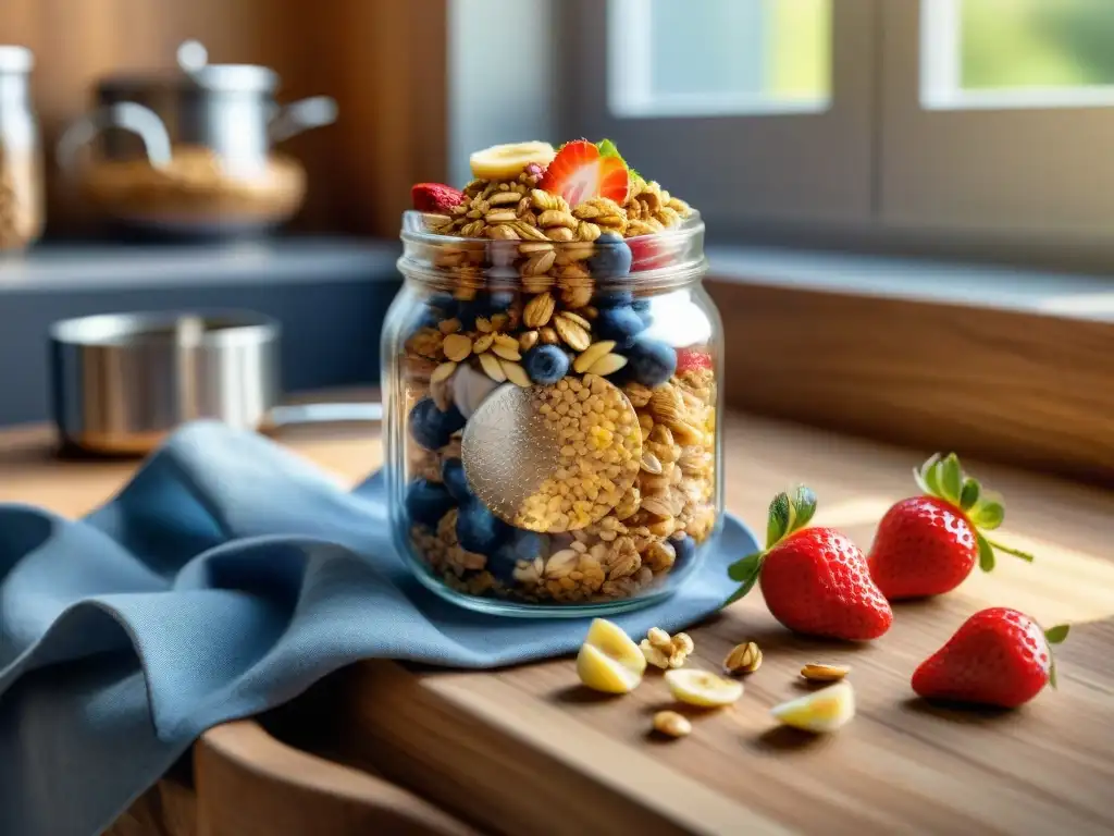 Desayuno saludable con receta granola casera sin gluten, frutas frescas y luz matutina