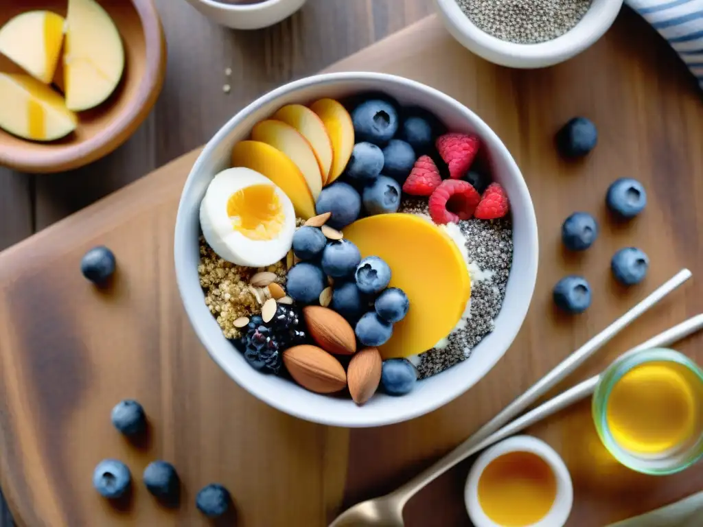 Un desayuno saludable y vibrante con superfoods desayunos sin gluten en un tazón colorido sobre una mesa de madera al amanecer