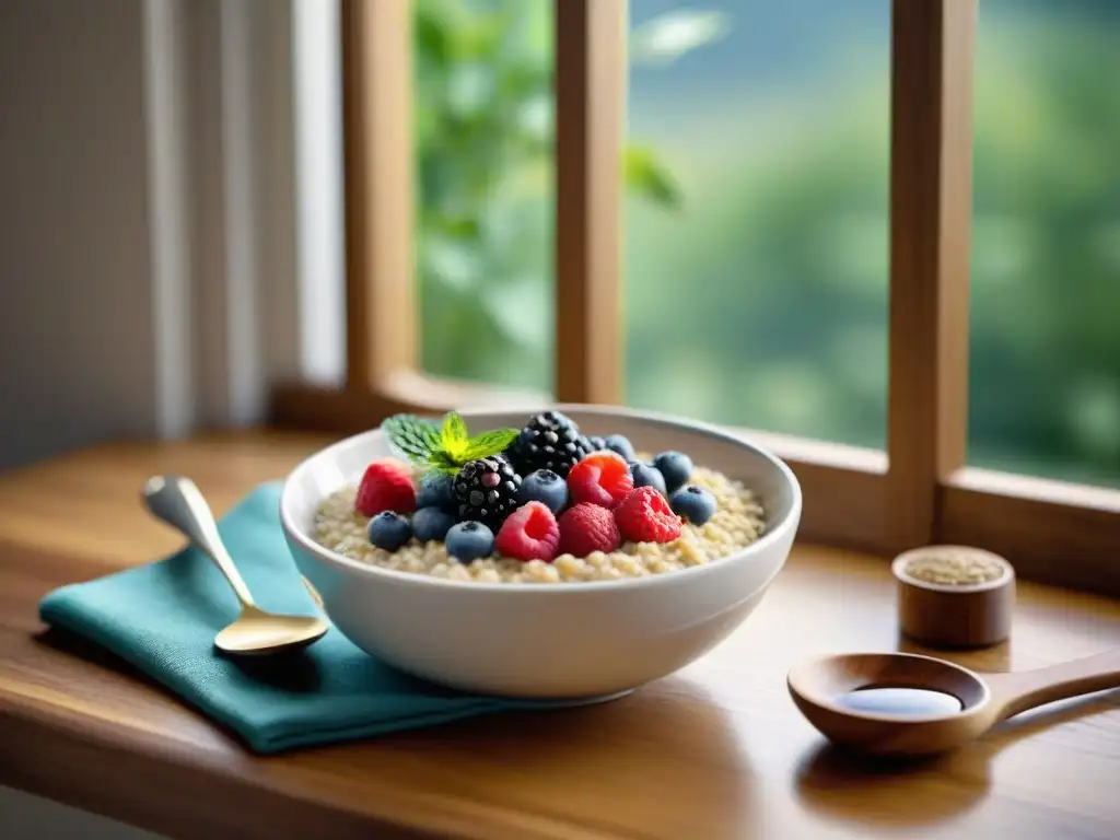 Un desayuno sereno con avena sin gluten, bayas vibrantes y miel, iluminado por la mañana