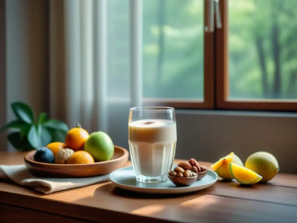 Desayuno sereno con bebidas de avena sin gluten y frutas frescas Un desayuno sereno con bebidas de avena sin gluten y una variedad de alimentos frescos en una mesa de madera iluminada por el sol