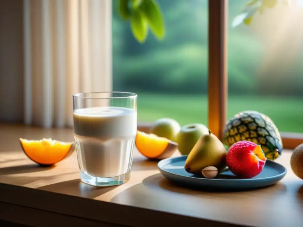 Desayuno sereno con bebidas de avena sin gluten Un desayuno sereno con bebidas de avena sin gluten, frutas frescas y nueces bajo la cálida luz matutina