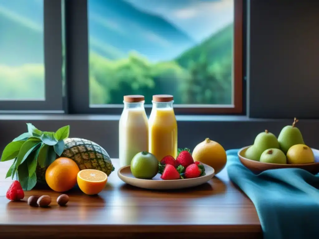 Un desayuno sereno con bebidas vegetales sin gluten, frutas frescas y semillas, bañado por la cálida luz del sol