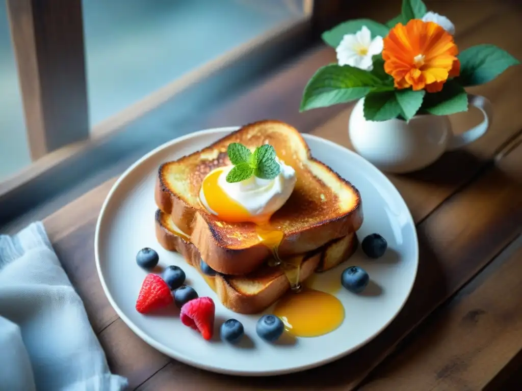 Un desayuno tentador: tostadas francesas sin gluten con bayas frescas, crema batida y jarabe de arce, acompañadas de café y jugo de naranja