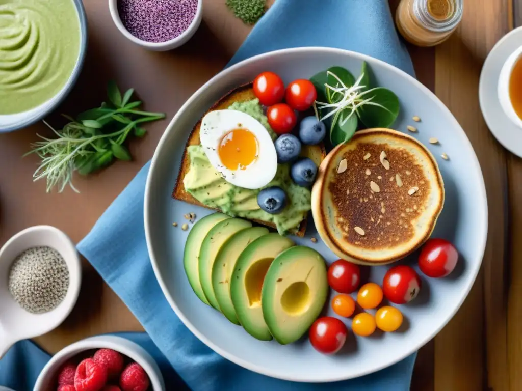 Un desayuno vegano sin gluten fácil en una mesa de madera acogedora, con chía, aguacate, smoothie y pancakes