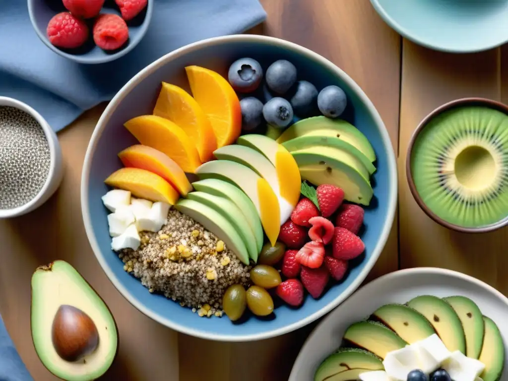 Un desayuno vegano sin gluten fácil y vibrante: açaí bowls, chía pudding, tostadas de aguacate y frutas tropicales coloridas en una mesa de madera