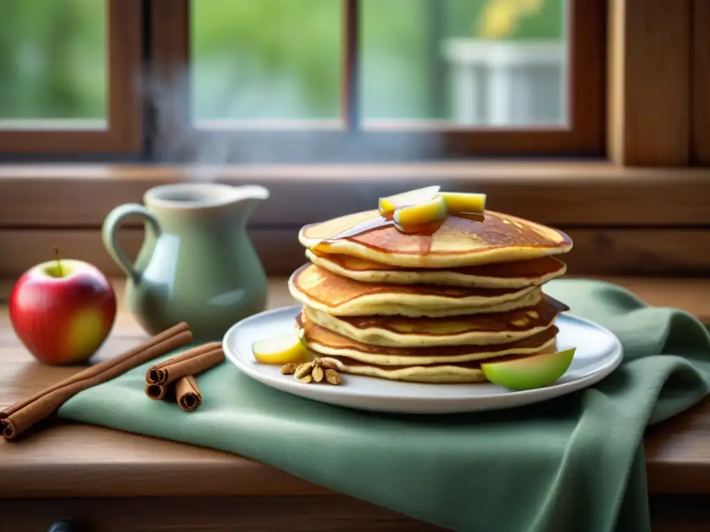 Desayuno vegano sin gluten: pancakes de avena y manzana con sirope de arce, canela y energía en mesa rústica