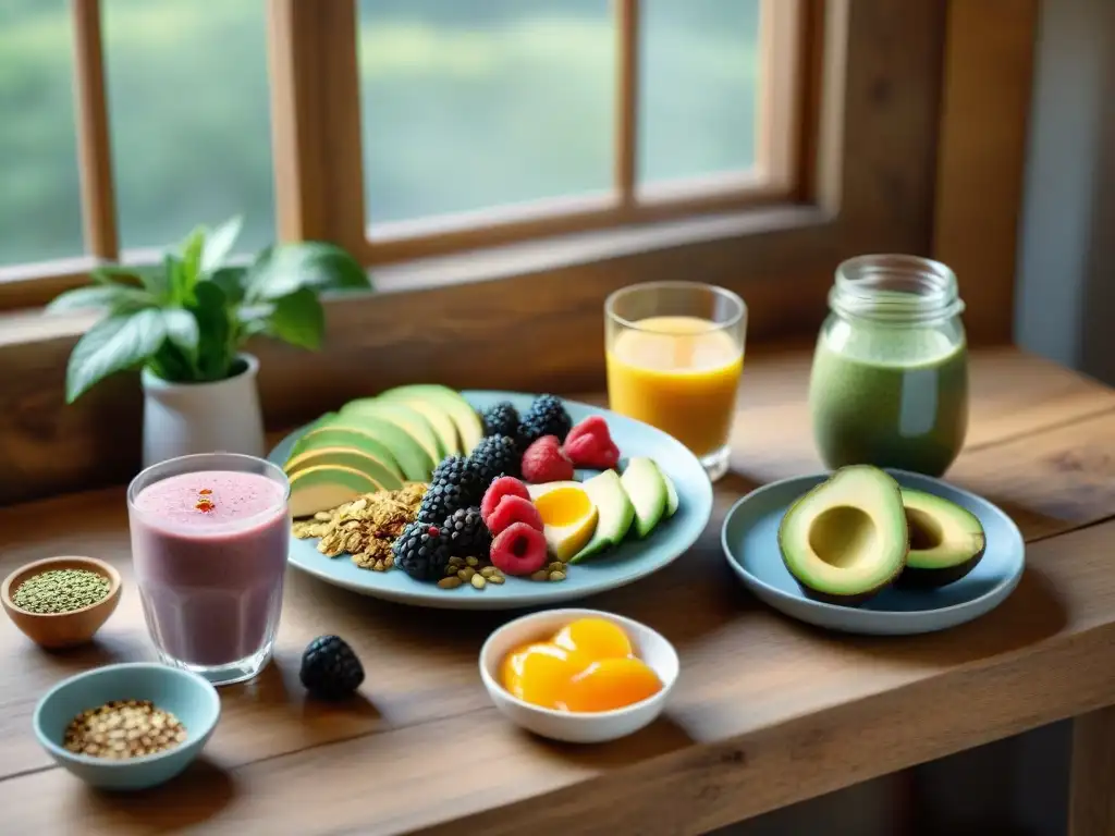 Un desayuno vegano sin gluten lleno de energía en una mesa rústica con chía, aguacate, smoothie y té herbal