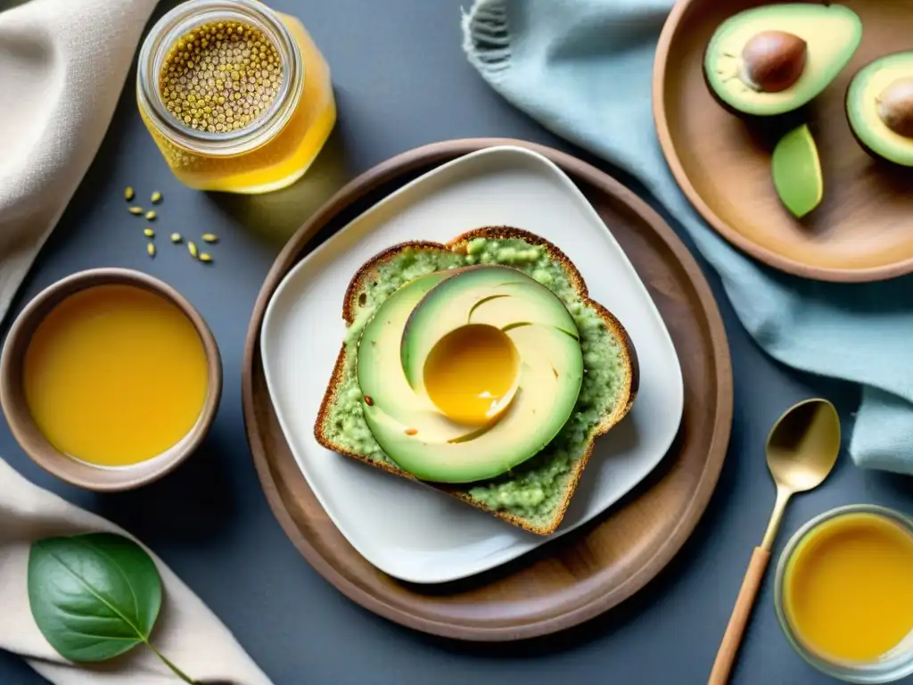 Un desayuno vegano sin gluten lleno de energía: tostadas de quinua con aguacate, semillas y jugo de naranja, en una mesa vibrante al amanecer