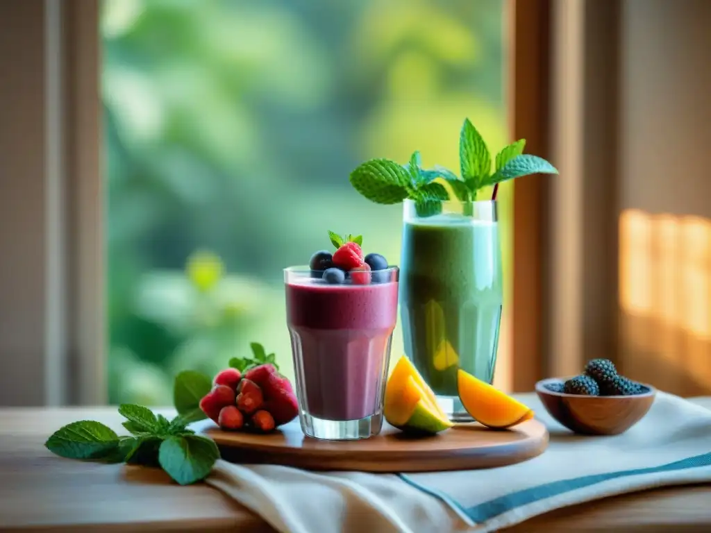 Un desayuno vibrante con batidos sin gluten energéticos matutinos en elegantes vasos, frutas coloridas y nueces, bañados por luz matutina