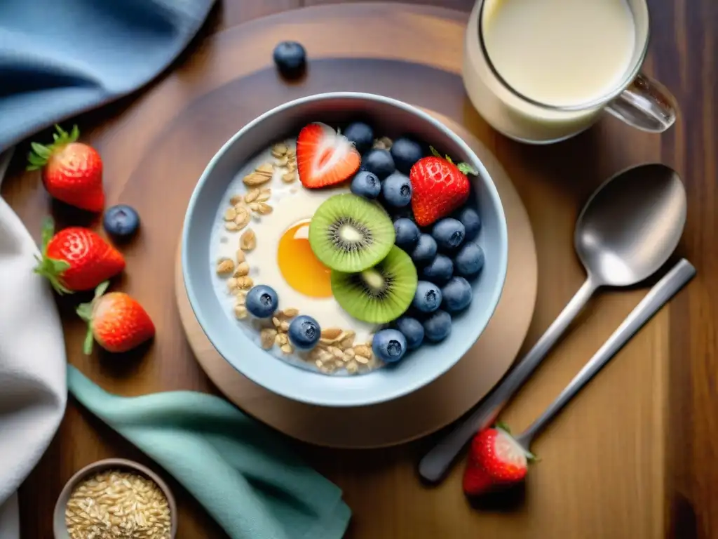 Desayuno saludable con leche de avena sin gluten Un desayuno vibrante con bebidas de avena sin gluten y frutas frescas en una mesa de madera, iluminado por la suave luz del sol