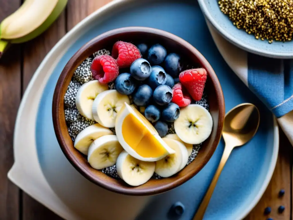 Un desayuno vibrante con superfoods: bowl de frutas, semillas y miel sobre mesa de madera rústica al amanecer