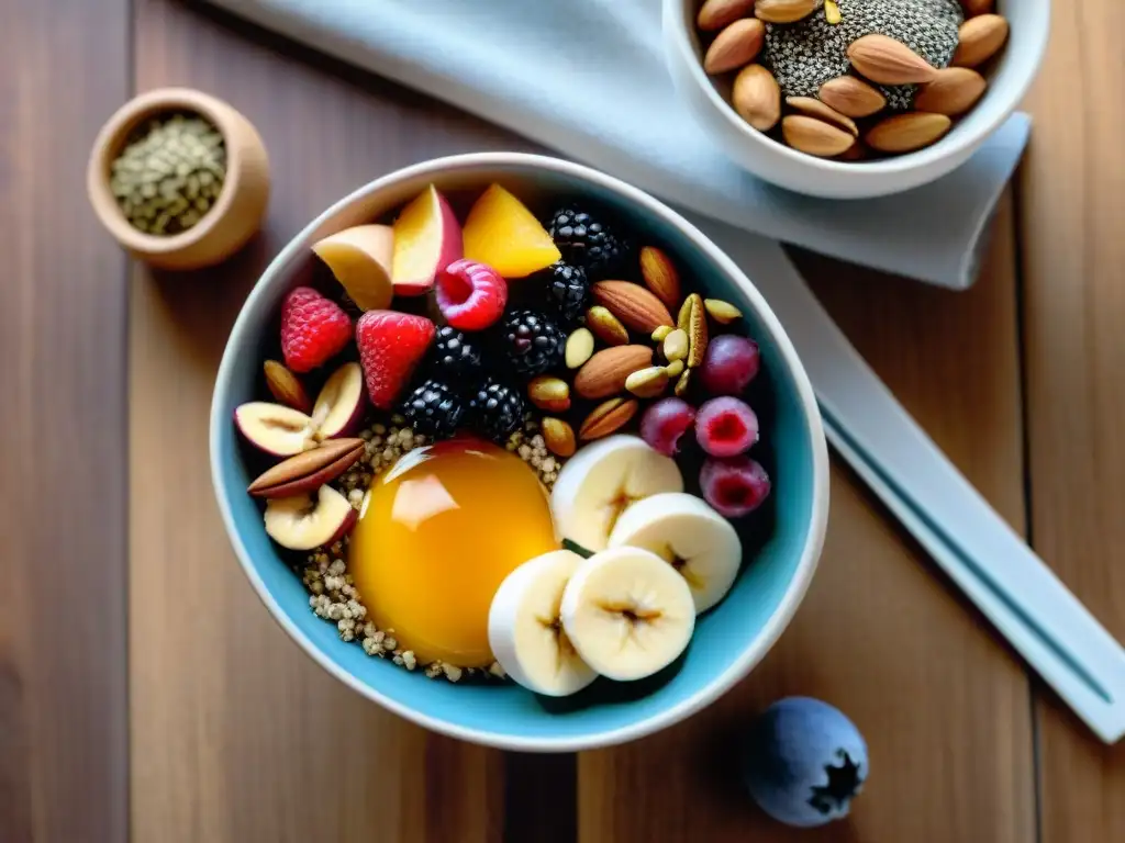 Un desayuno vibrante con frutos secos sin gluten y miel, en un ambiente cálido