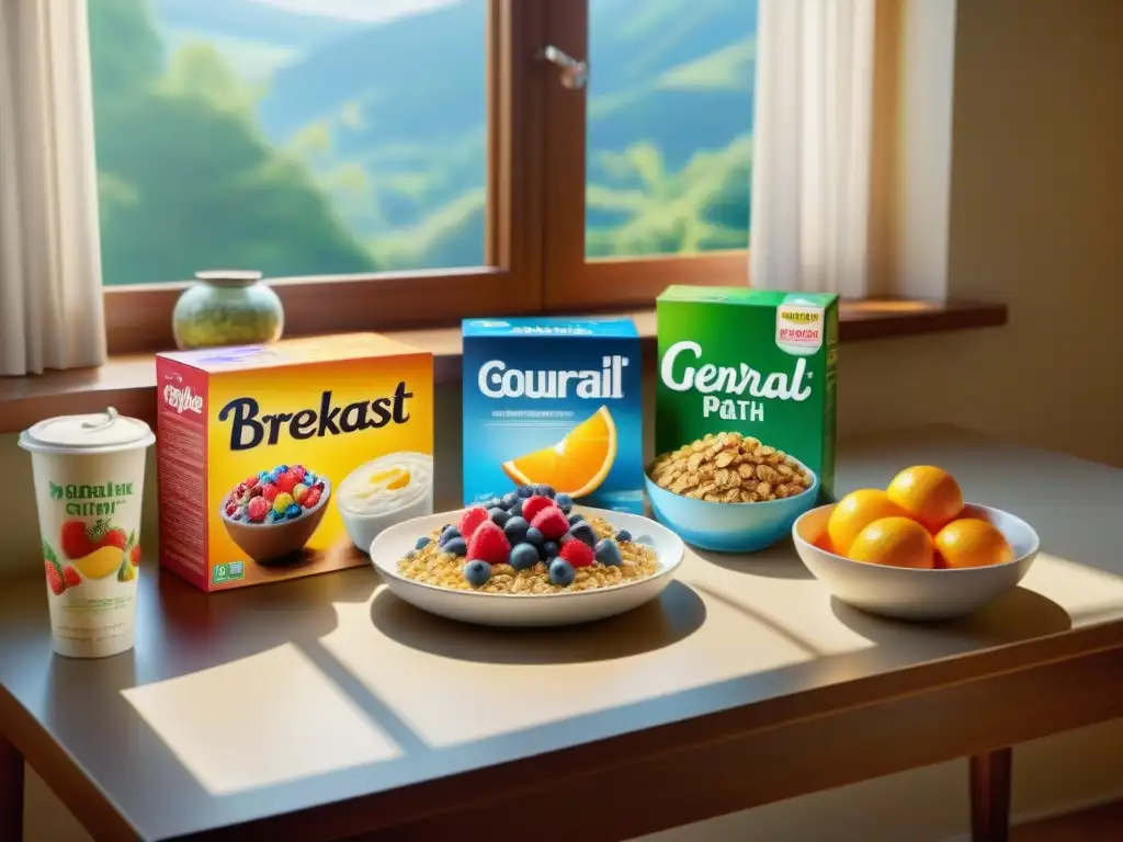 Un desayuno vibrante con marcas cereales sin gluten recomendadas, frutas frescas, yogur y jugo de naranja, bañado por la cálida luz del sol