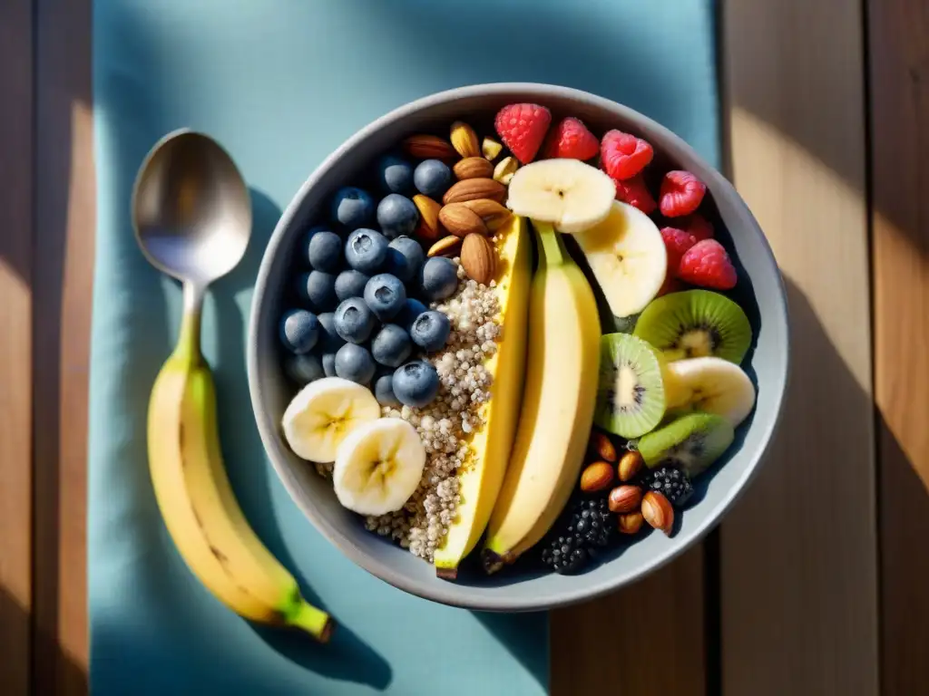 Un desayuno vibrante de superfoods sin gluten: chía, frutos rojos, nueces y plátanos en mesa de madera, iluminado por suave luz matutina