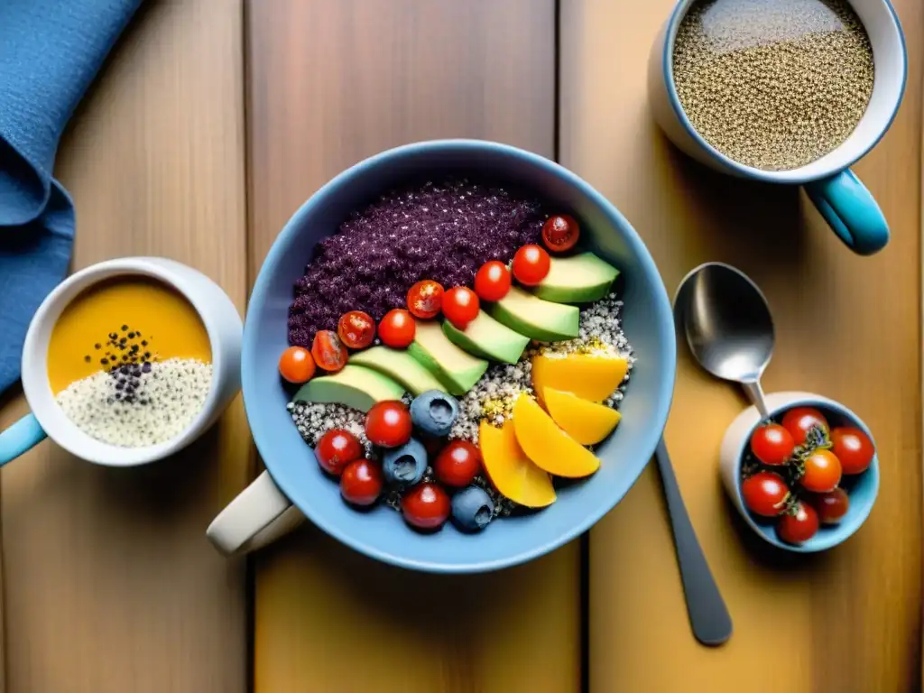 Un desayuno vibrante de superfoods sin gluten en una mesa de madera iluminada por luz natural