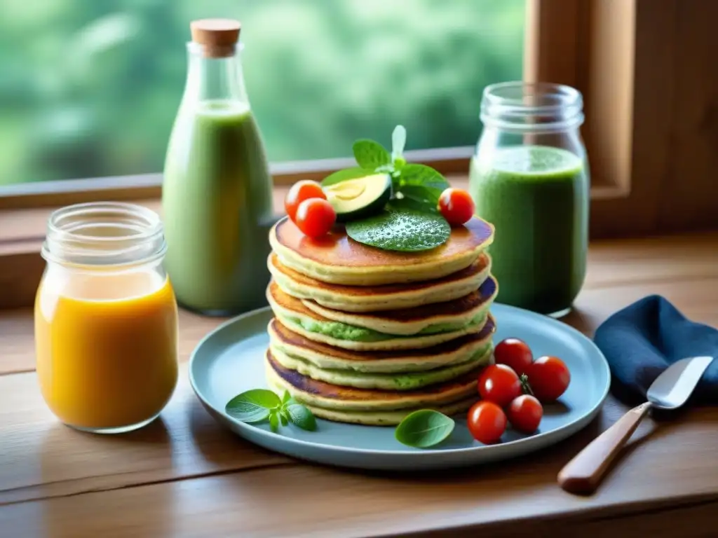 Un desayuno vibrante sin gluten: pudin de chía, tostada de aguacate, panqueques y smoothie verde