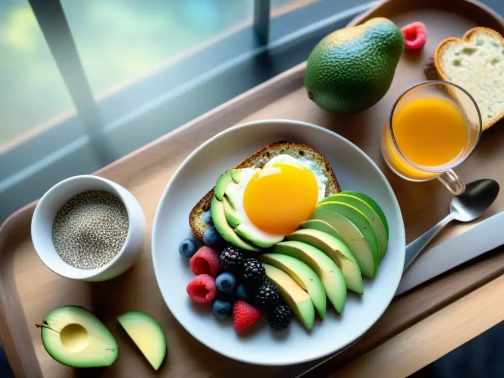 Desayunos sin gluten deliciosos y saludables en mesa rústica con alimentos frescos y coloridos, bañados por luz cálida