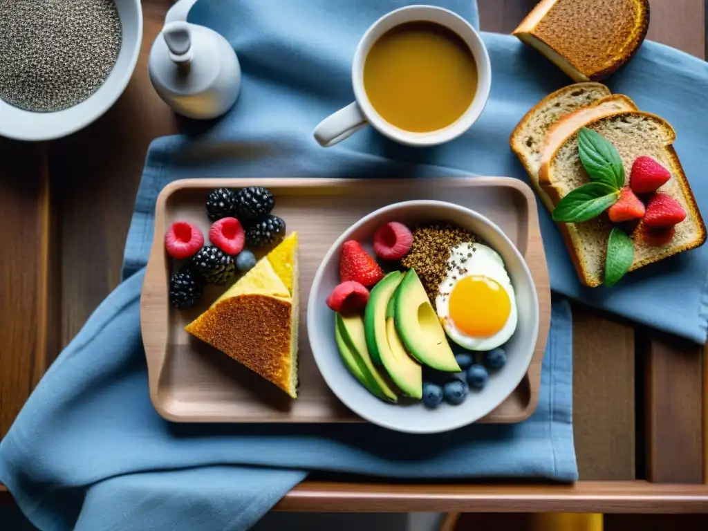 Desayunos sin gluten energéticos y saludables en una mesa rústica con chía, aguacate y café