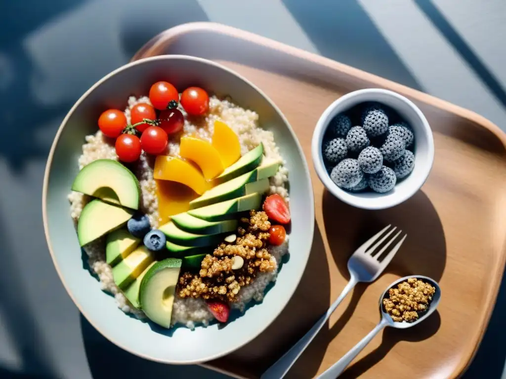 Desayunos sin gluten energéticos y saludables en una mesa de madera con opciones variadas y coloridas, iluminados por una suave luz matutina