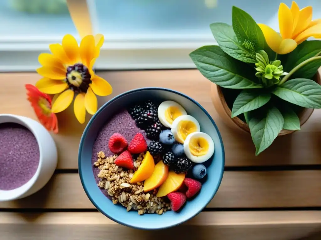 Desayunos sin gluten energéticos y saludables en una mesa de madera con flores vibrantes