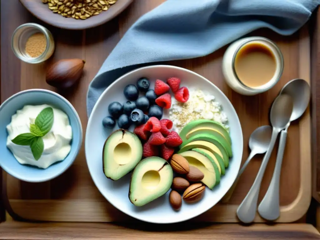 Desayunos sin gluten energizantes con frutas, frutos secos y aguacate en mesa de madera