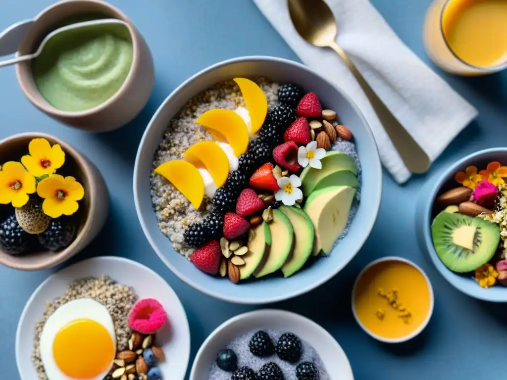 Desayunos sin gluten energizantes en una mesa colorida y vibrante con chia pudding, frutas frescas, granola, avocado toast y smoothie bowl