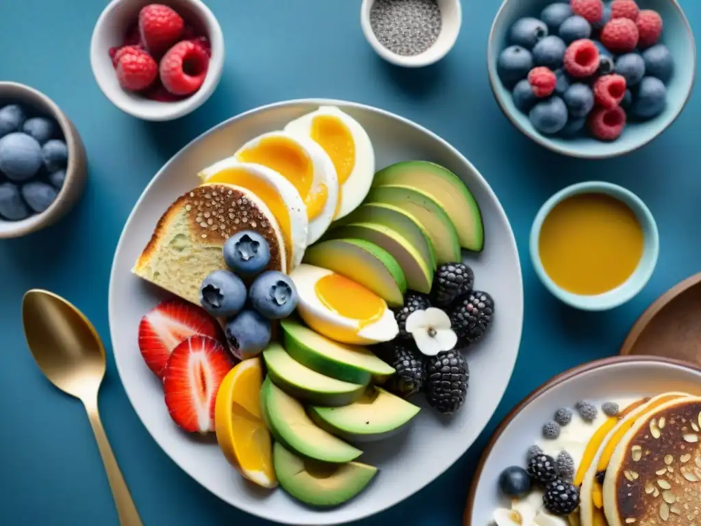 Desayunos sin gluten fáciles en una mesa vibrante bañada por la luz natural, con variedad de opciones frescas y coloridas