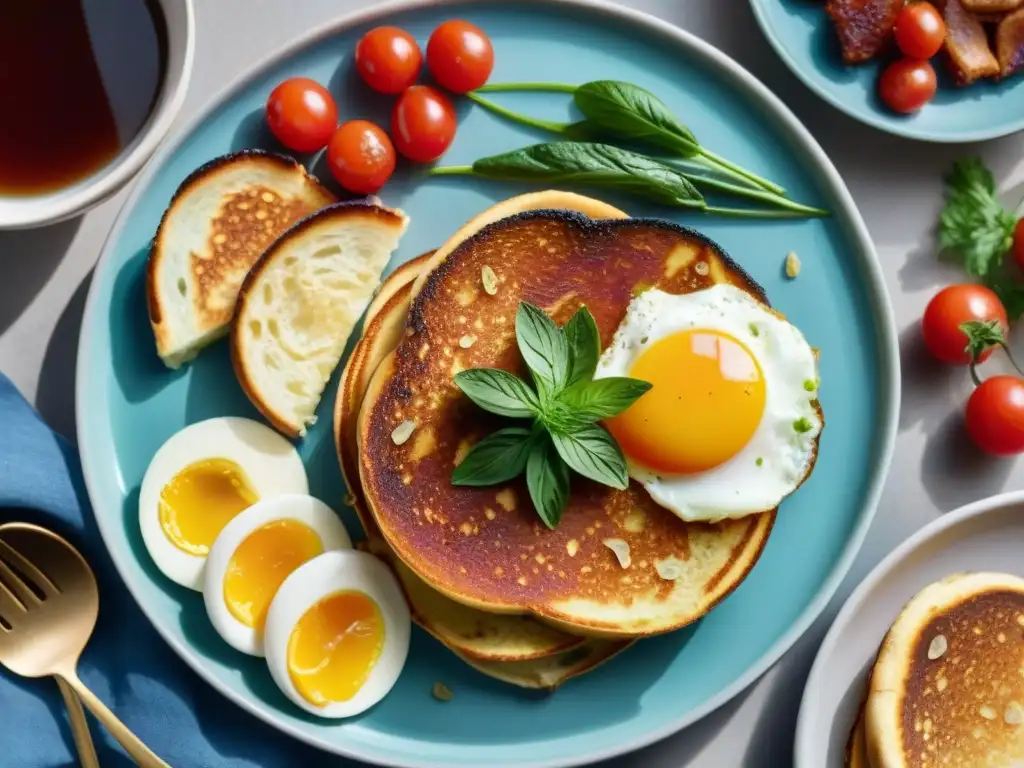 Desayunos sin gluten del mundo: Detalle de un desayuno variado y colorido con platos de diferentes culturas, bañados en luz natural cálida