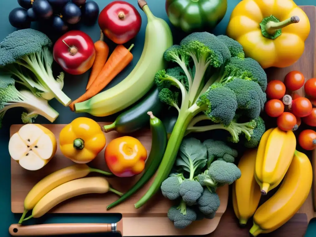 Deslumbrante variedad de frutas y verduras prebióticas sin gluten en un tablero de madera, evocando frescura y vitalidad