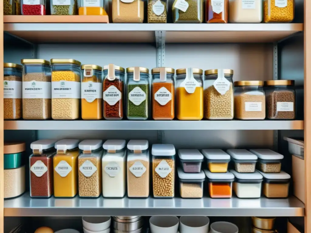 Un despensa de cocina meticulosamente organizada, etiquetada con ingredientes sin gluten en contenedores coloridos