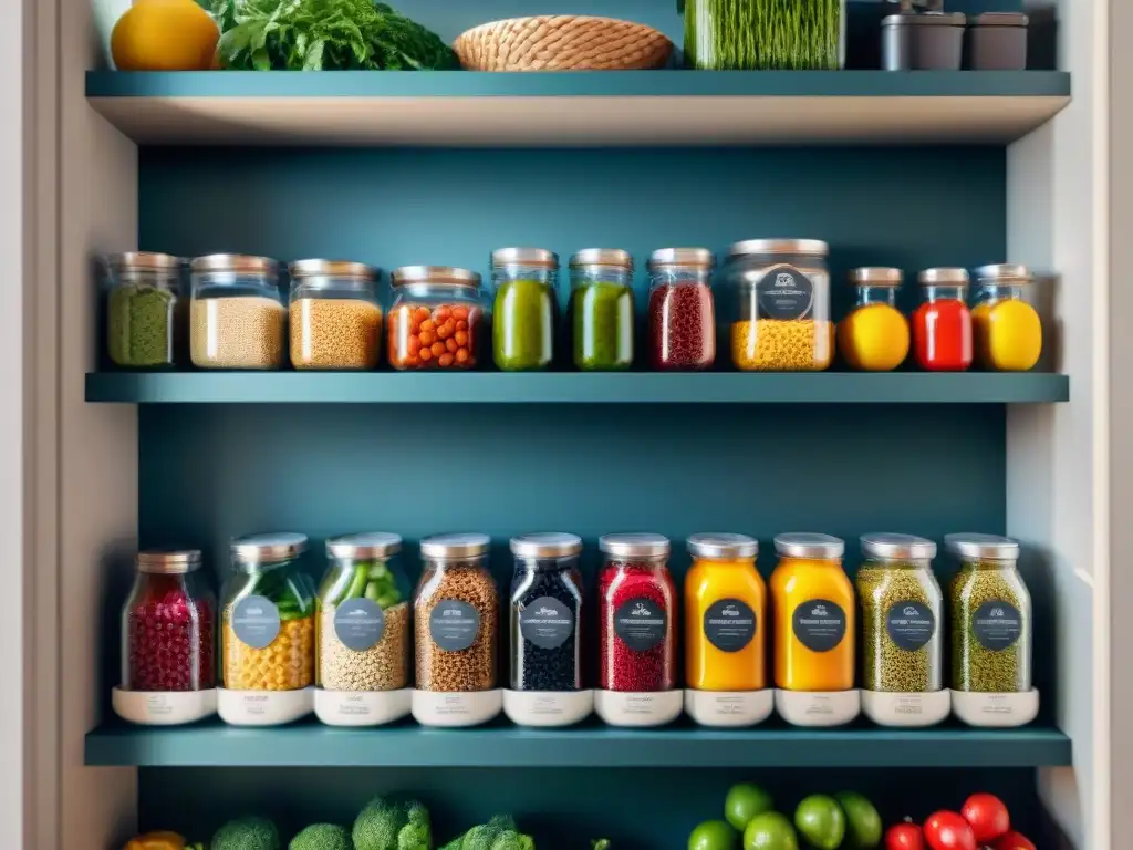 Una despensa libre de gluten organizada con frutas, verduras y granos coloridos, bañada por la cálida luz del sol