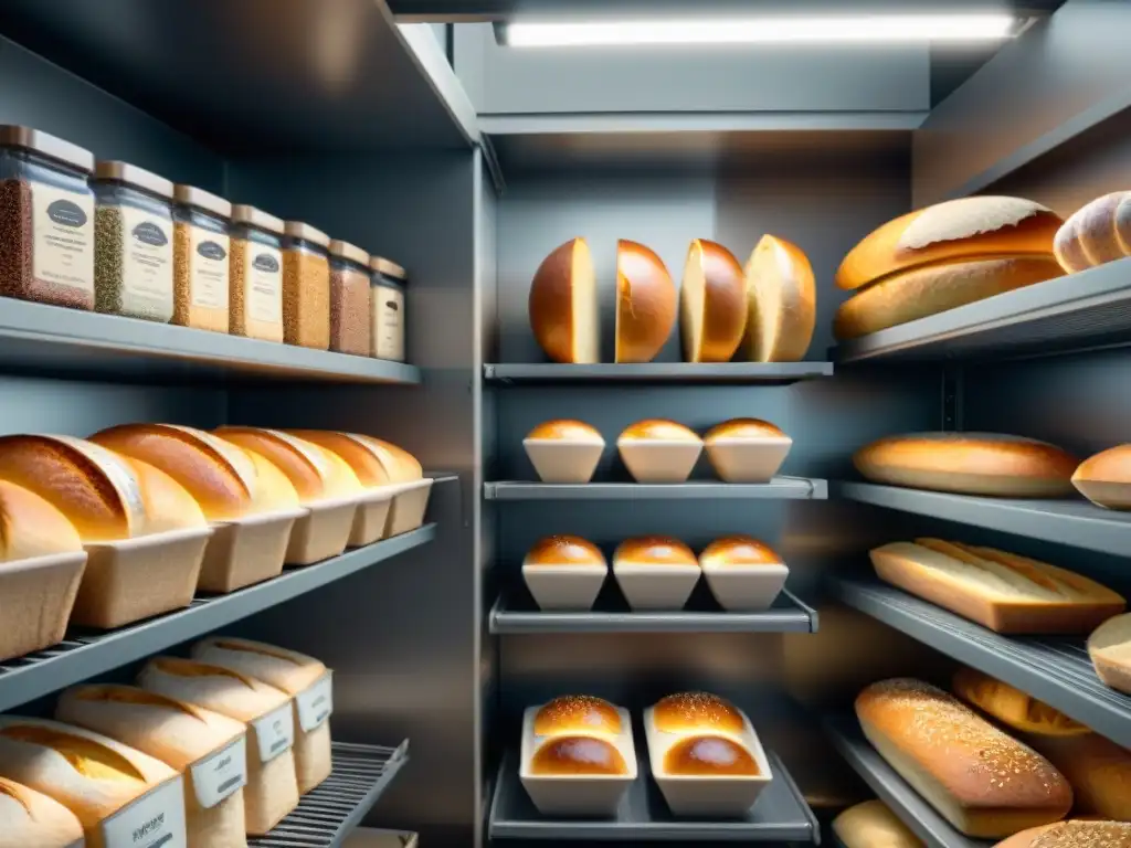 Un despensa moderna y ordenada con variedad de pan sin gluten fresco, mostrando soluciones de almacenamiento