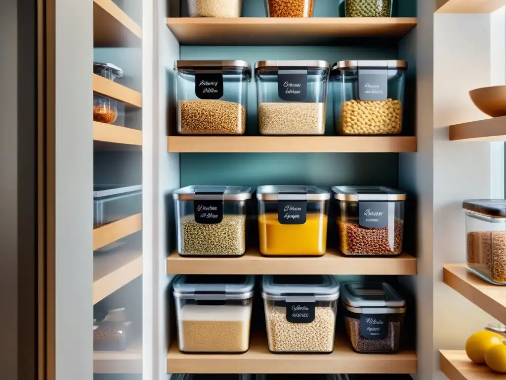 Una despensa moderna y organizada llena de envases reutilizables, comida sin gluten y snacks, con una decoración elegante y sostenible