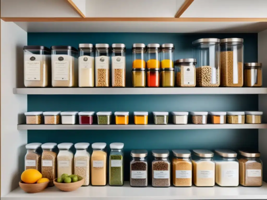 Despensa ordenada con ingredientes libres de gluten etiquetados