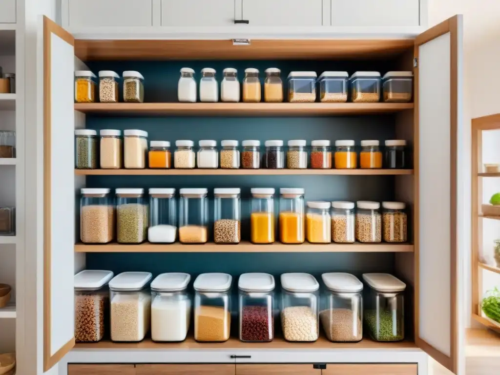 Un despensa meticulosamente organizada con ingredientes libres de gluten en envases etiquetados, bañada por la luz del sol