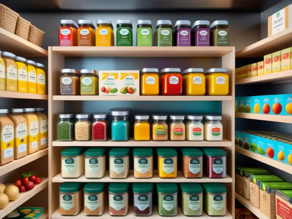 Pantry glutenfree con productos orgánicos y certificados Una despensa organizada con productos sin gluten para cocinar, iluminada con calidez