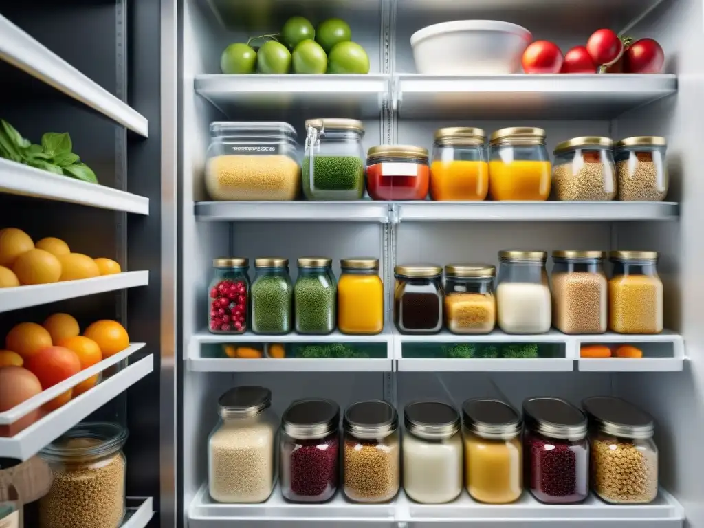 Una despensa y refrigerador perfectamente organizados con alimentos sin gluten para la planificación de comidas semanales