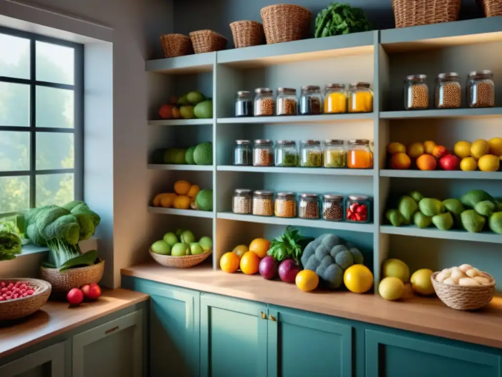 Un despensa vibrante y organizada con ingredientes frescos y coloridos para cocina vegana sin gluten, bañados por la luz del sol