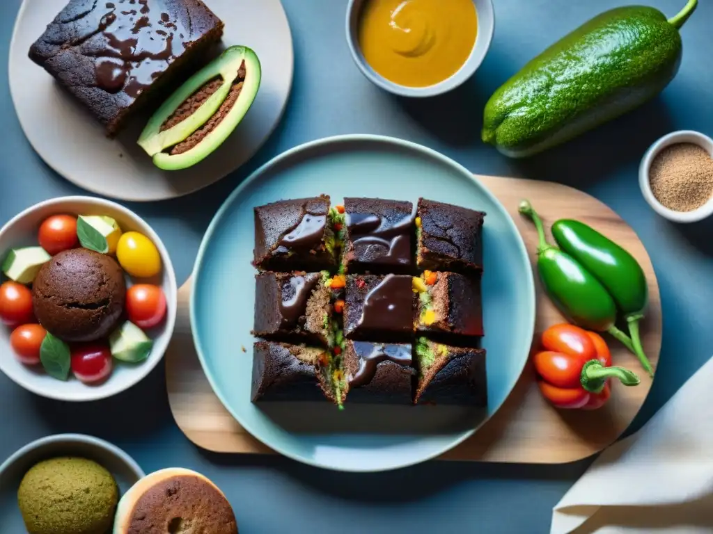 Despliegue de delicias veganas sin gluten: brownies de aguacate, ensaladas arcoíris, pimientos rellenos de quinoa y pan sin gluten recién horneado