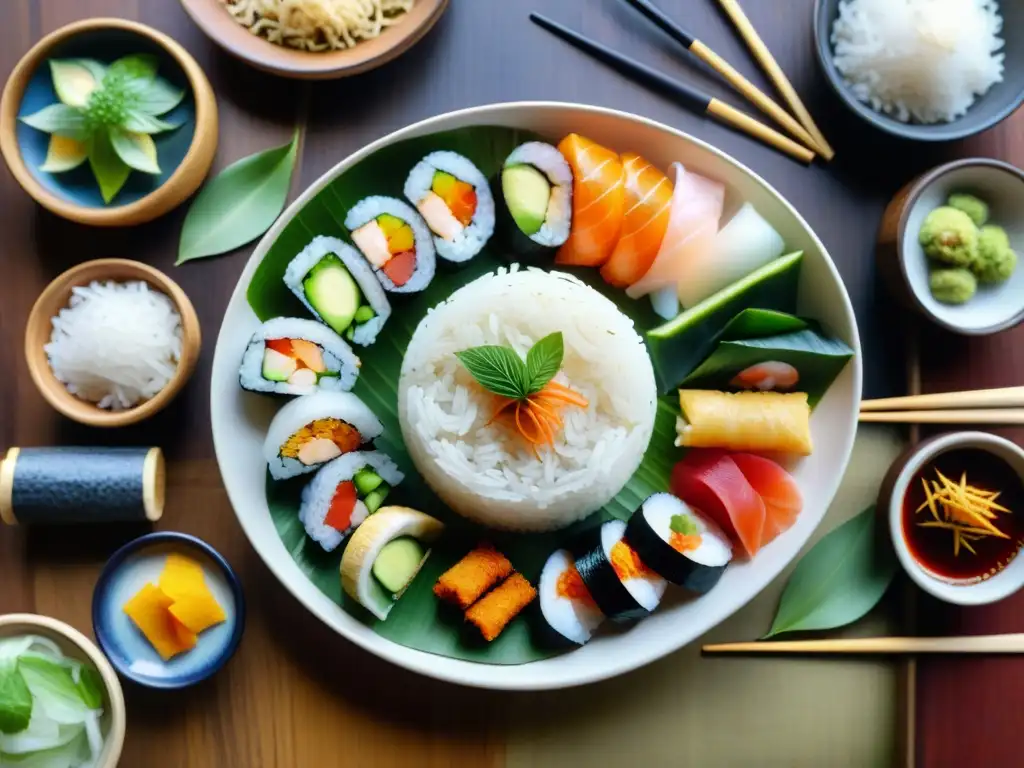 Despliegue de recetas sin gluten con arroz: exquisitos platos asiáticos en una mesa tradicional de madera