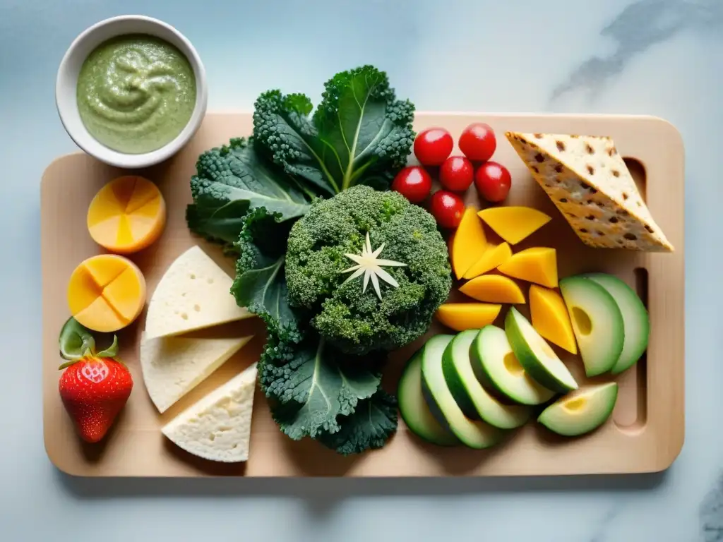 Un despliegue de snacks sin gluten fáciles en tabla de madera con frutas, hummus, galletas y energéticas