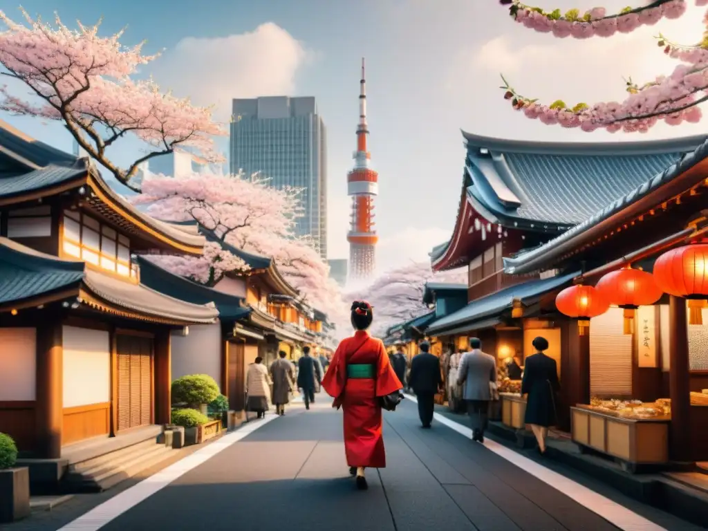 Destinos sin gluten para viajeros: Calle bulliciosa de Tokio con kimono tradicional y rascacielos modernos